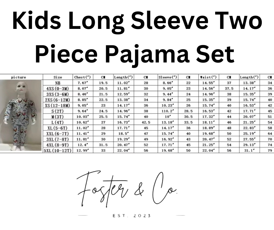 Bamboo Two Piece Pajama Set Size Chart