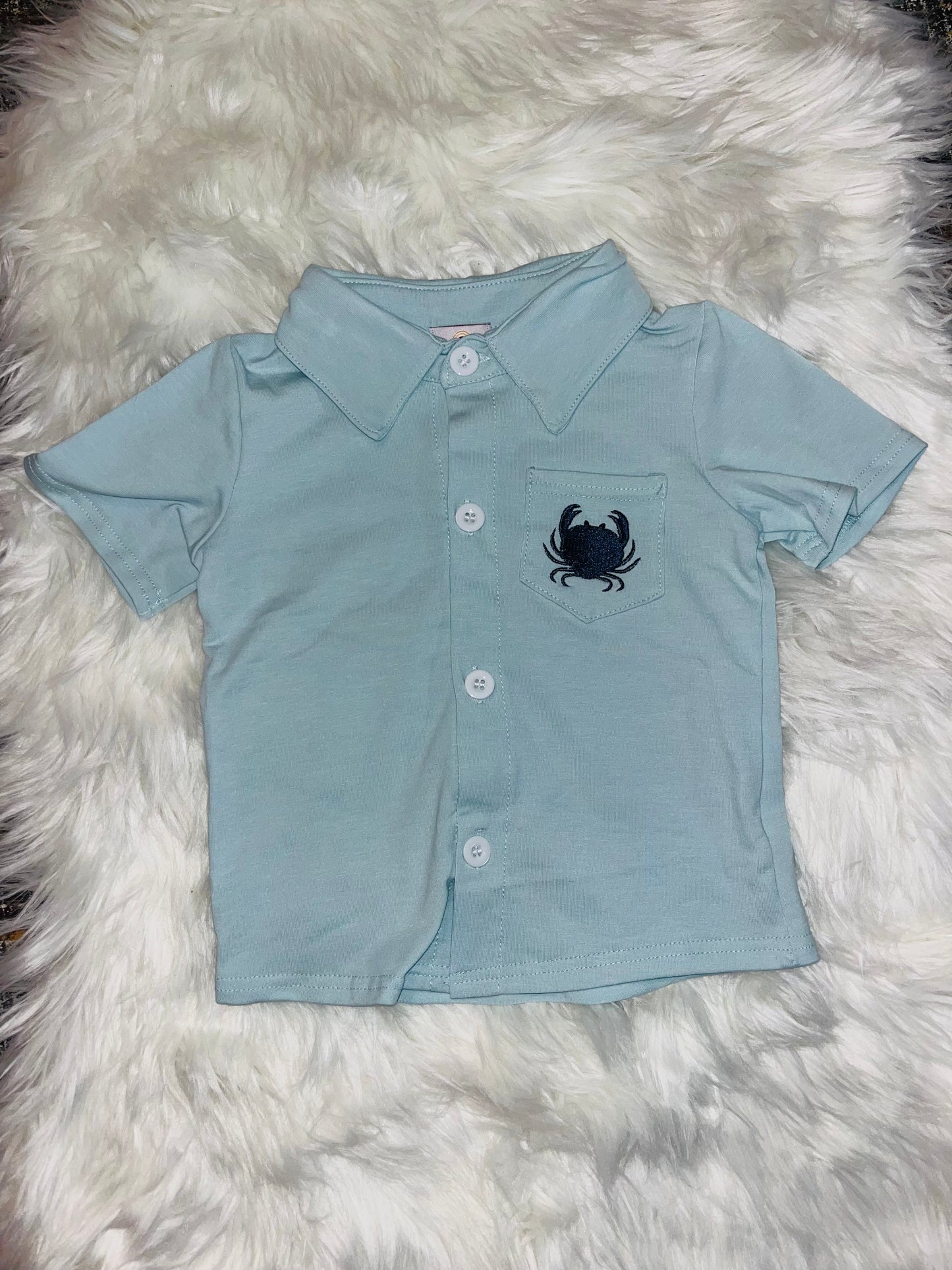 Boys Button Up Embroidery Crab Shirt