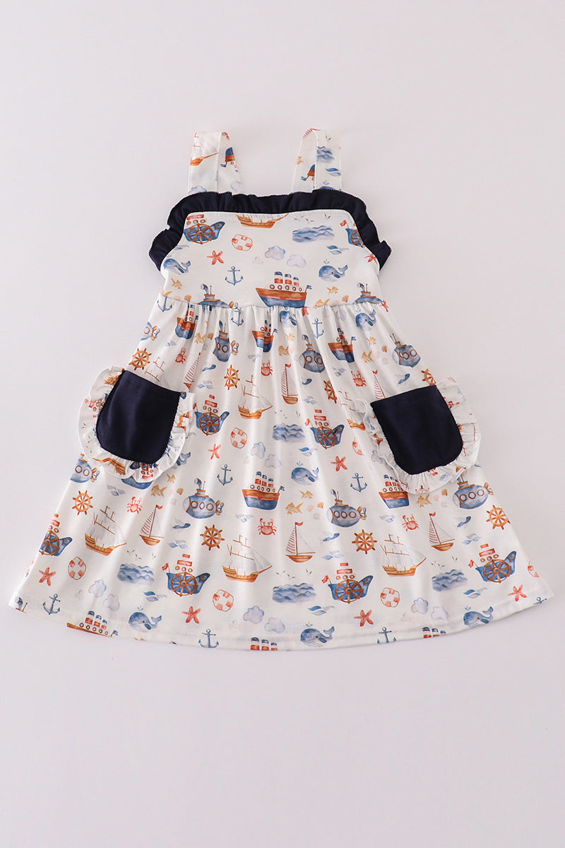 Navy Beach Print Dress