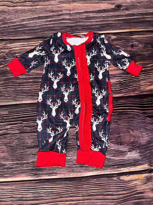 Girls Deer Ruffle Zip Up Pajamas