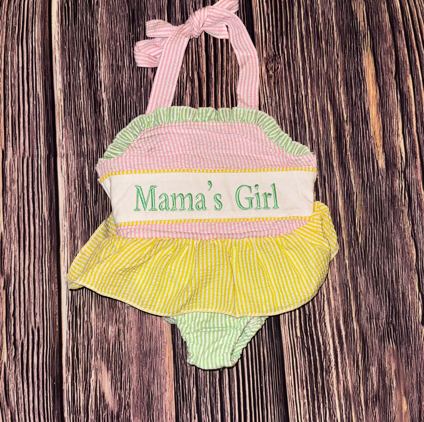 Embroidered Mama’s Girl Seersucker swimsuit