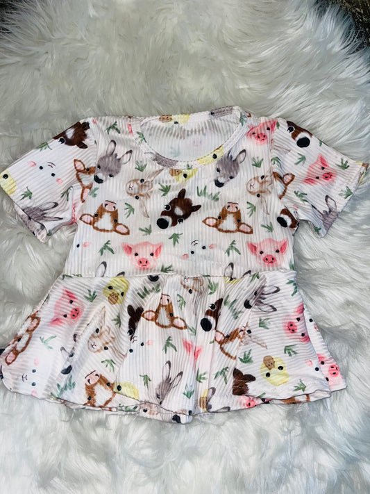 Girls Ribbed Farm Animal Peplum Top