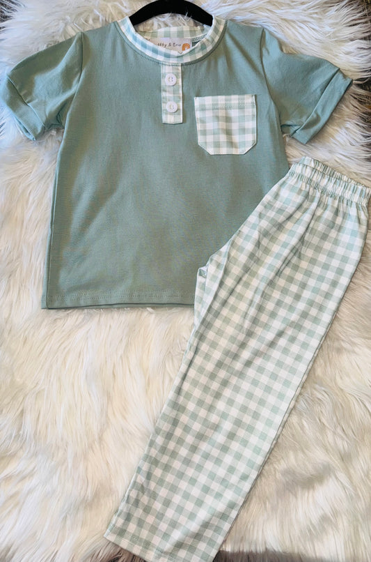 Boys Sage Plaid Pants Set