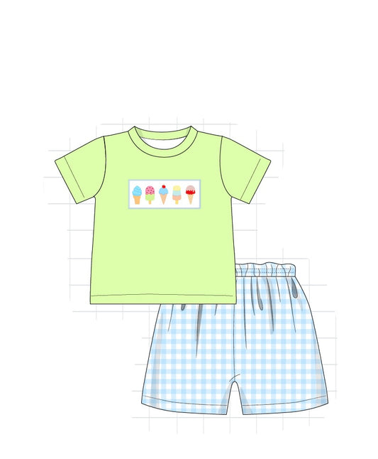 PO37 Plaid Ice Cream Embroidery Collection- Boy Shorts Set