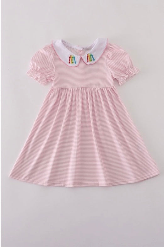 Pink Stripe Crayon Embroidered Dress