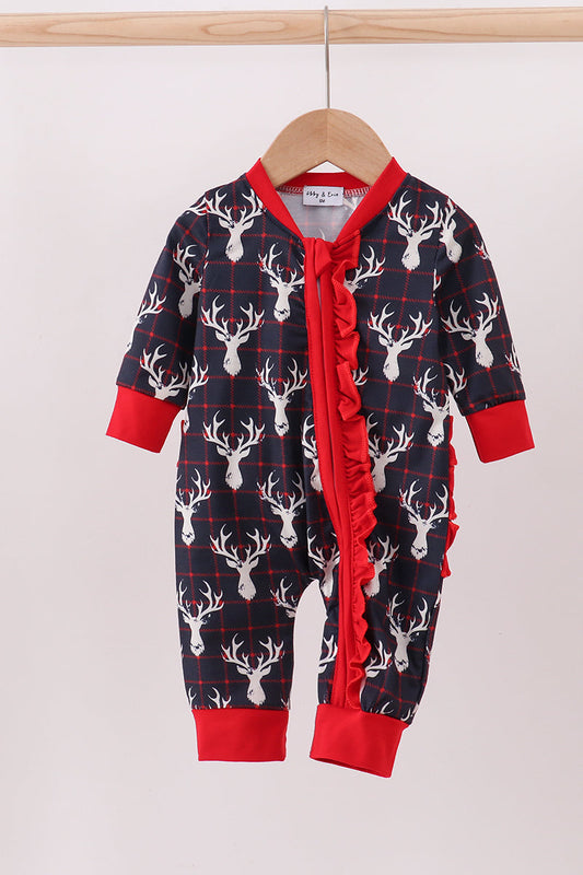 Girls Deer Ruffle Zip Up Pajamas