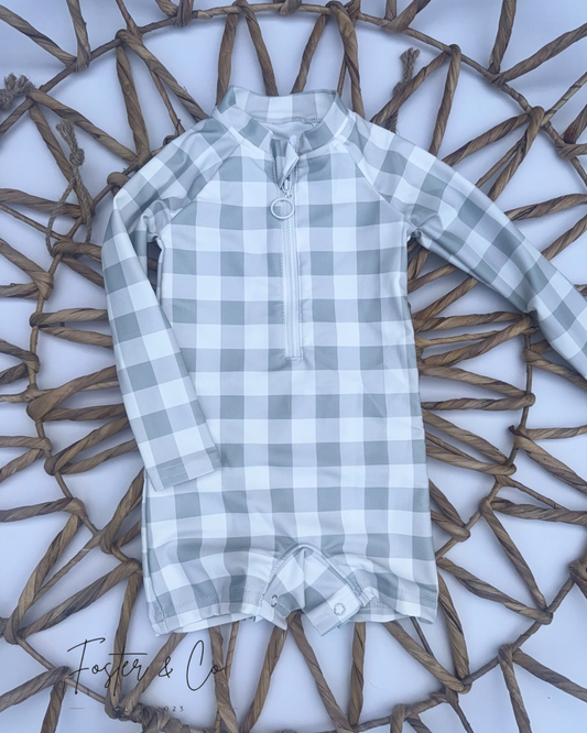 NEUTRAL GINGHAM SWIM RASH GUARD