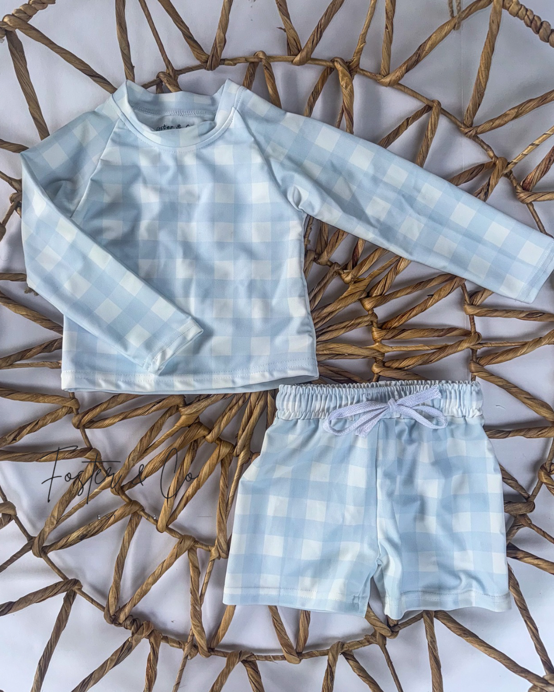 BLUE PLAID SWIM RASH GUARD SET