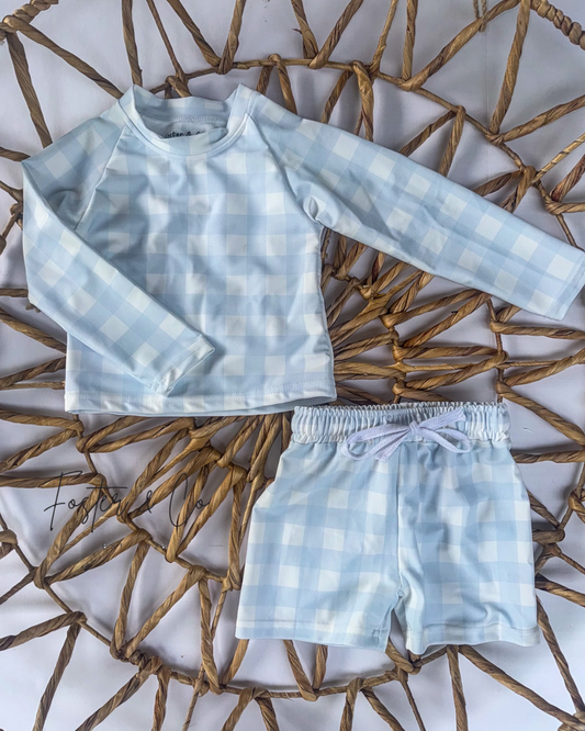 BLUE PLAID SWIM RASH GUARD SET