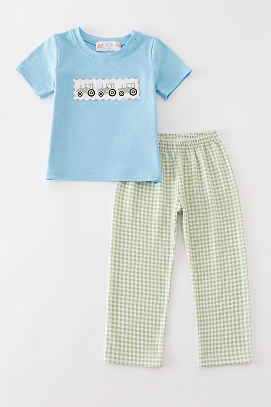 Boys Tractor Embroidery Pants Set