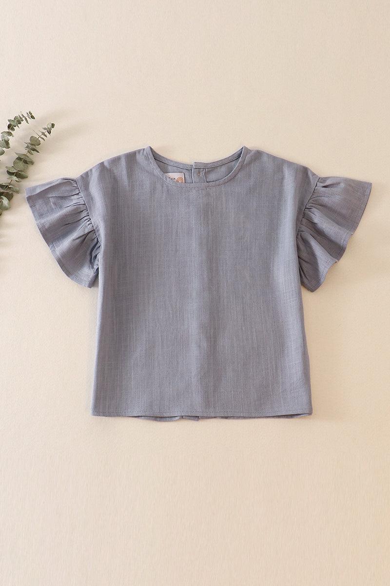 Blue Linen Ruffle Top